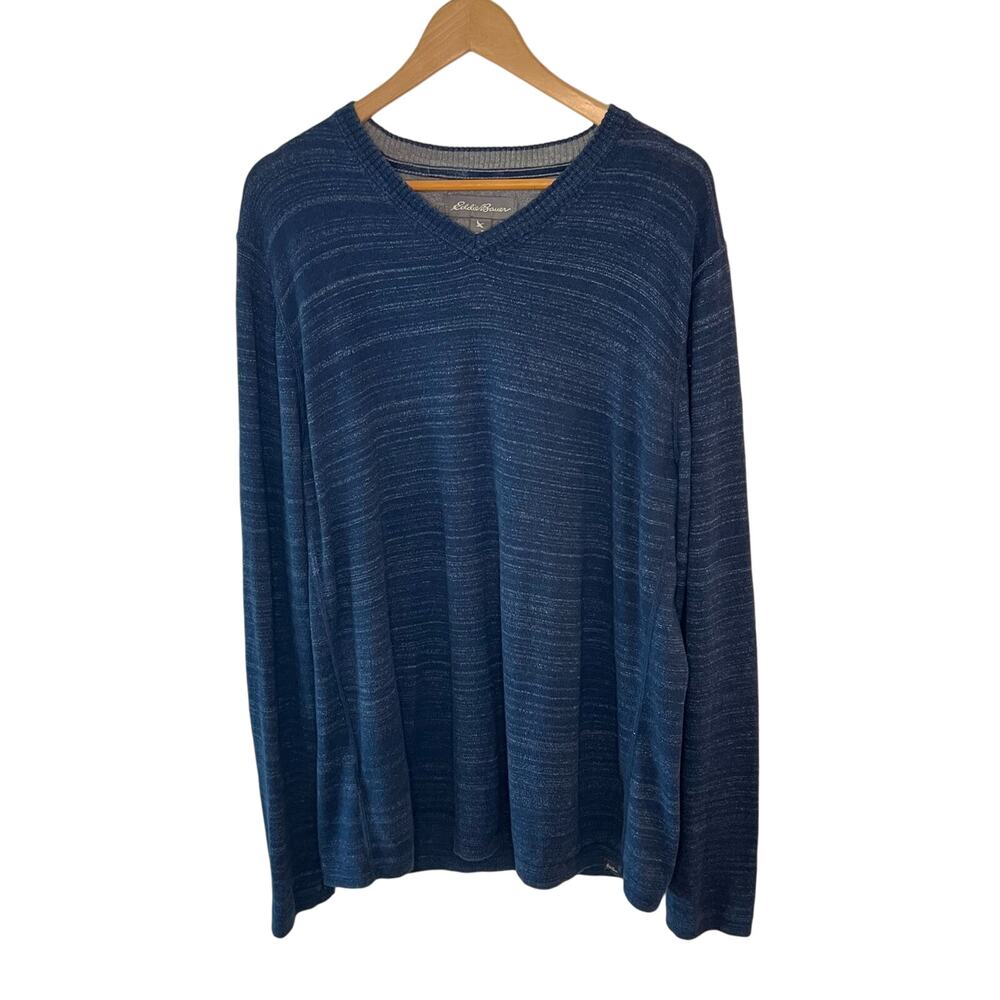 Eddie Bauer V Neck Sweater Men’s Size Large TALL Cotton Merino Wool Blend Blue